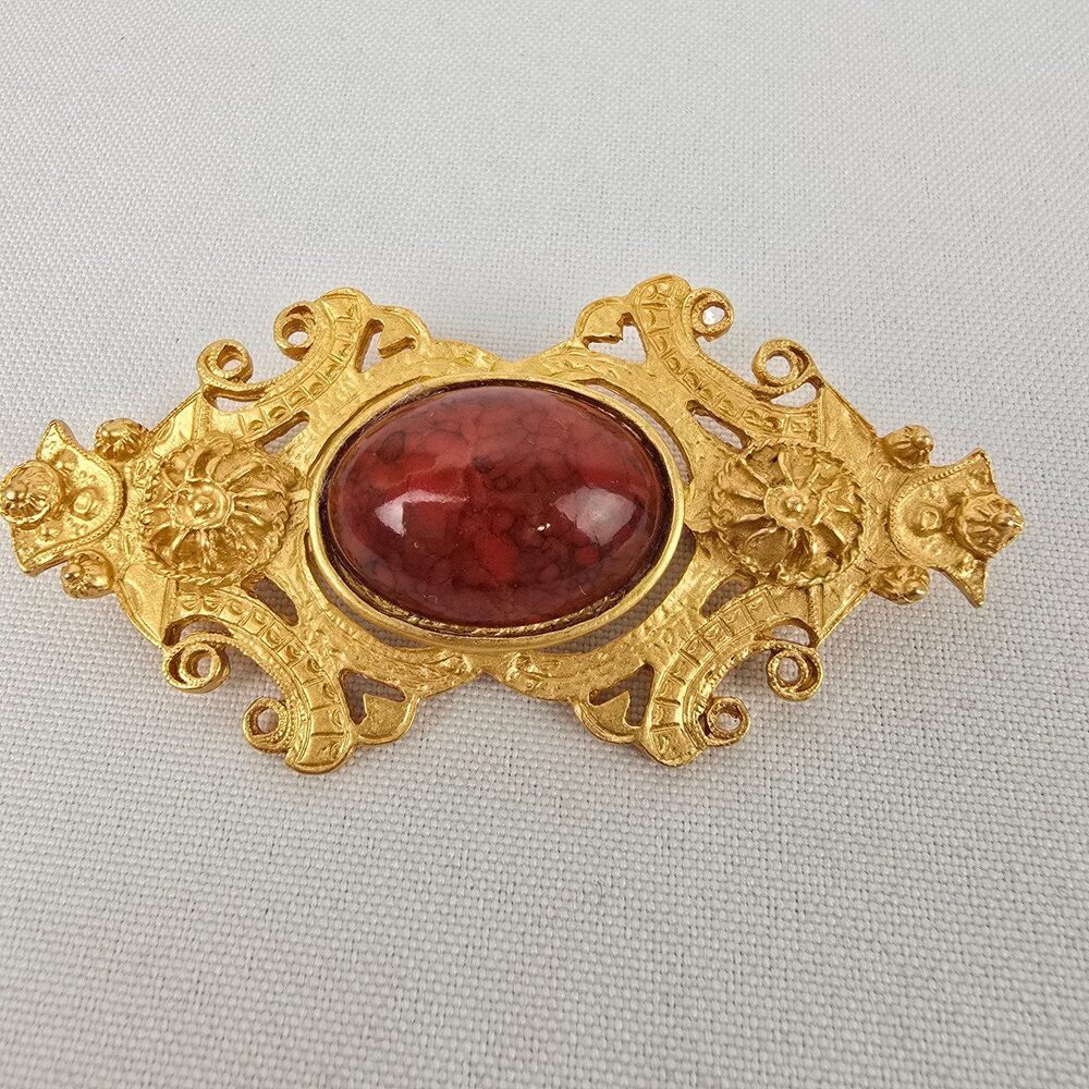 Vintage Gold Tone Red Stone Brooch